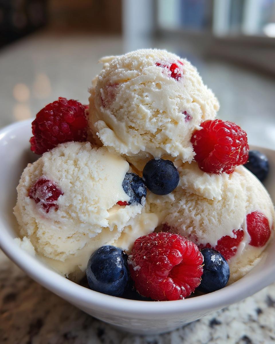 Close-up of scoops of creamy homemade frozen yogurt topped with fresh raspberries and blueberries.