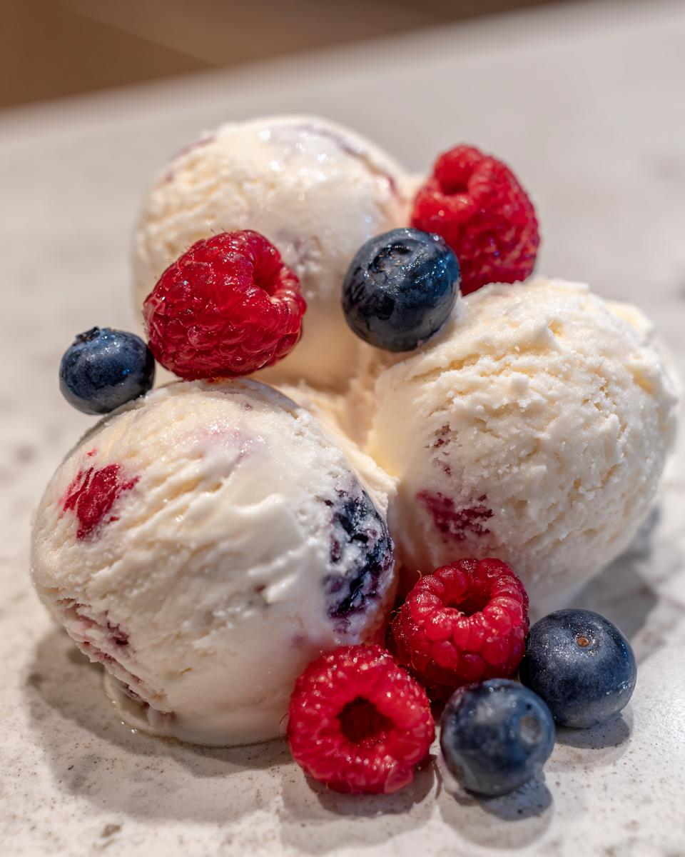Close-up of scoops of homemade frozen yogurt swirled with berry pieces, topped with fresh raspberries and blueberries.