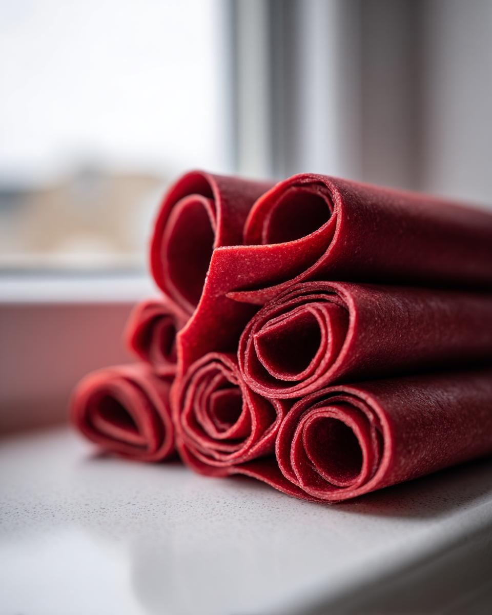 Close-up of several bright red, rolled sheets of homemade fruit leather stacked on a light counter near a window.