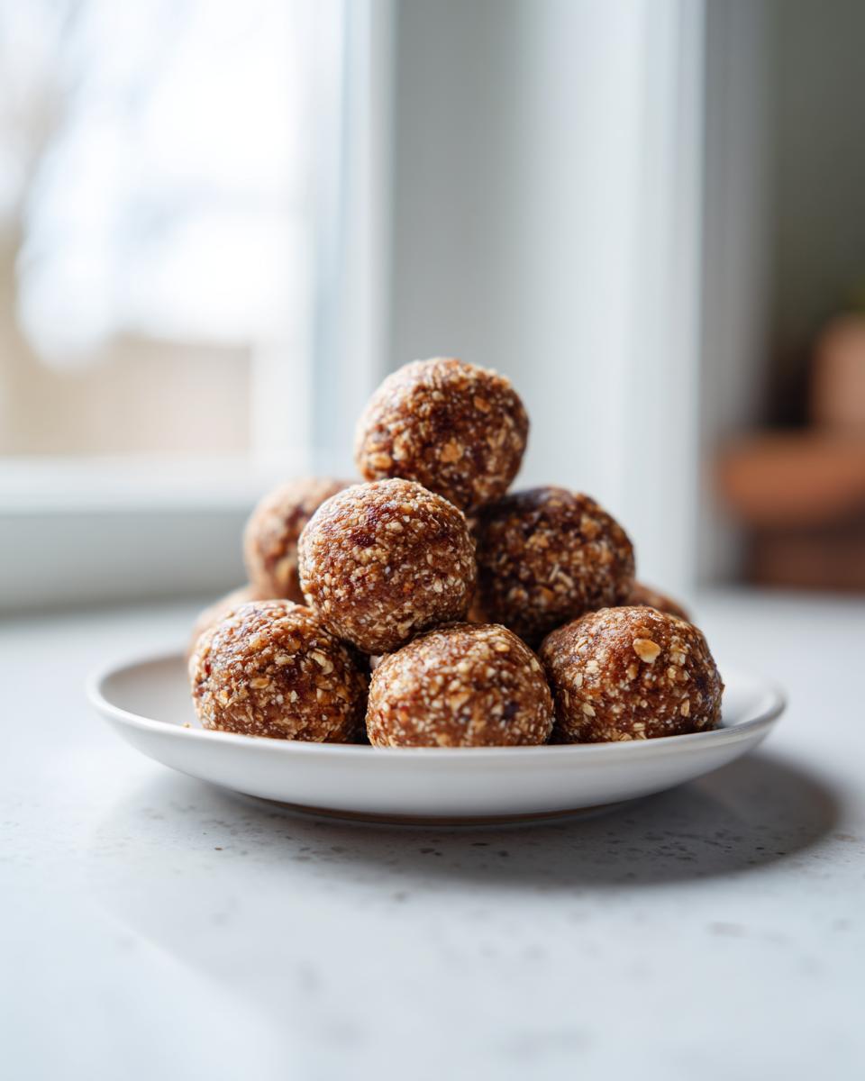 A stack of delicious peanut butter protein balls piled high on a small white plate, set against a bright window background.