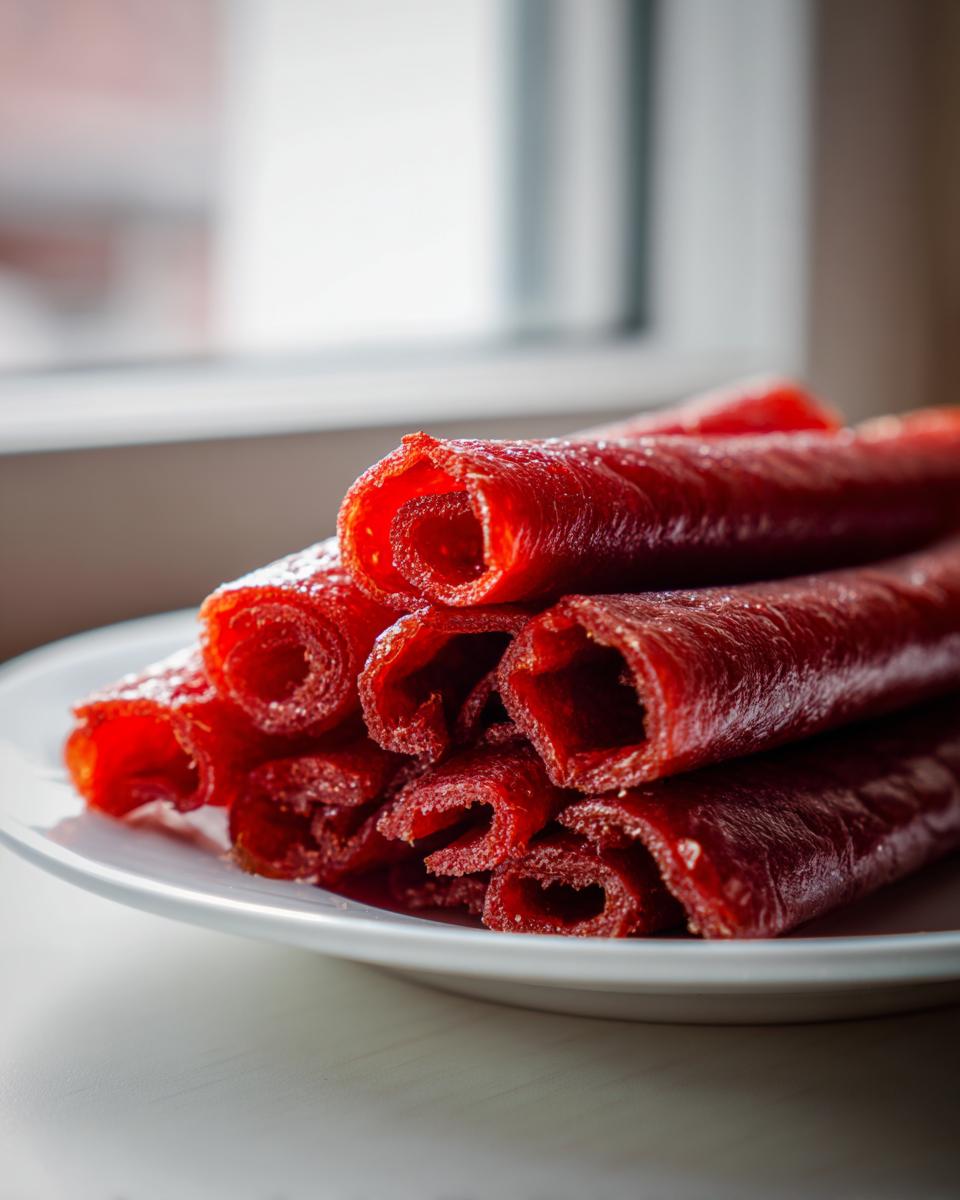 A close-up stack of bright red, rolled homemade Strawberry fruit roll up snacks on a white plate.