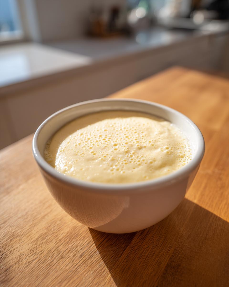 A white bowl filled with creamy, slightly foamy homemade vanilla pudding sitting on a sunlit wooden counter.