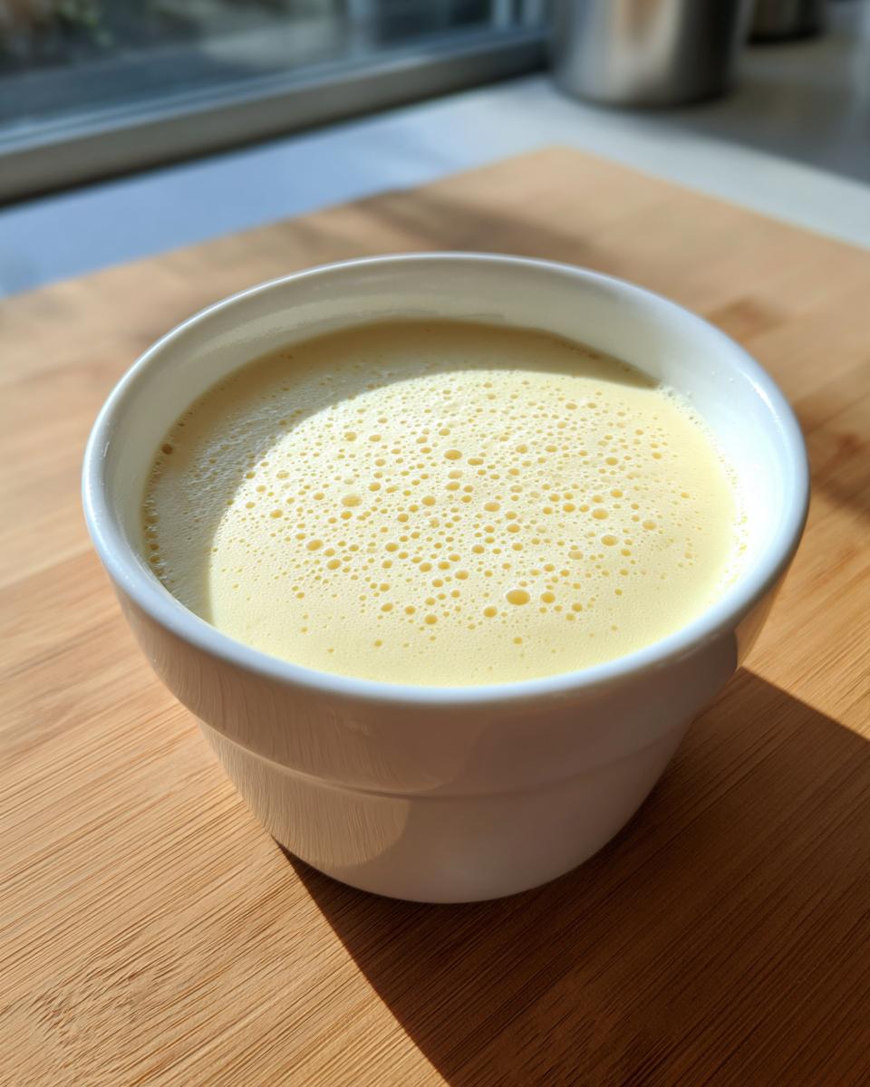 Close-up of freshly made homemade vanilla pudding with a light foam layer in a white ramekin on a wooden surface.