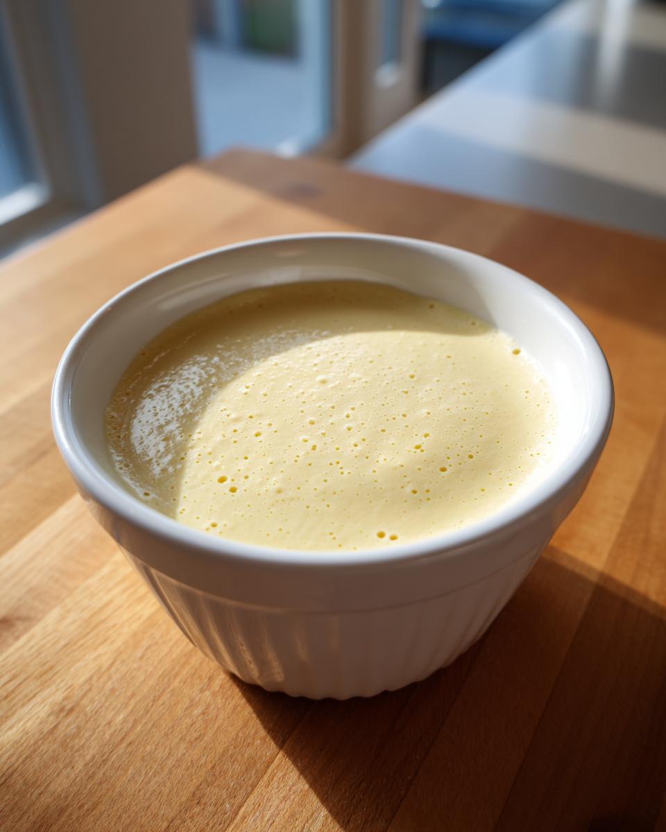 A close-up of freshly made Homemade vanilla pudding with a slightly frothy top in a white ramekin on a wooden surface.