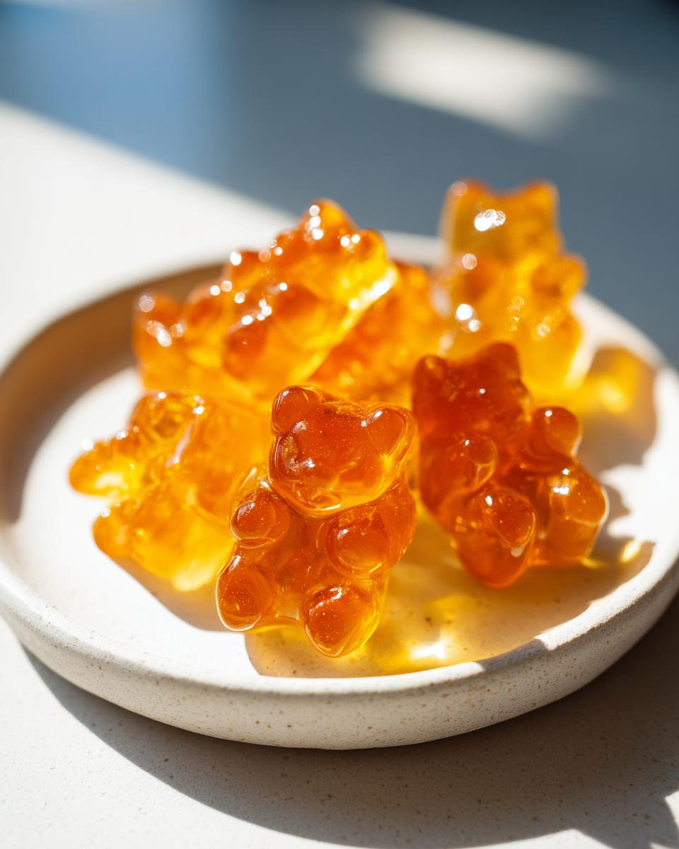 Close-up of several glistening, amber-colored Honey Gummy Bear candies resting on a small, light-colored plate.