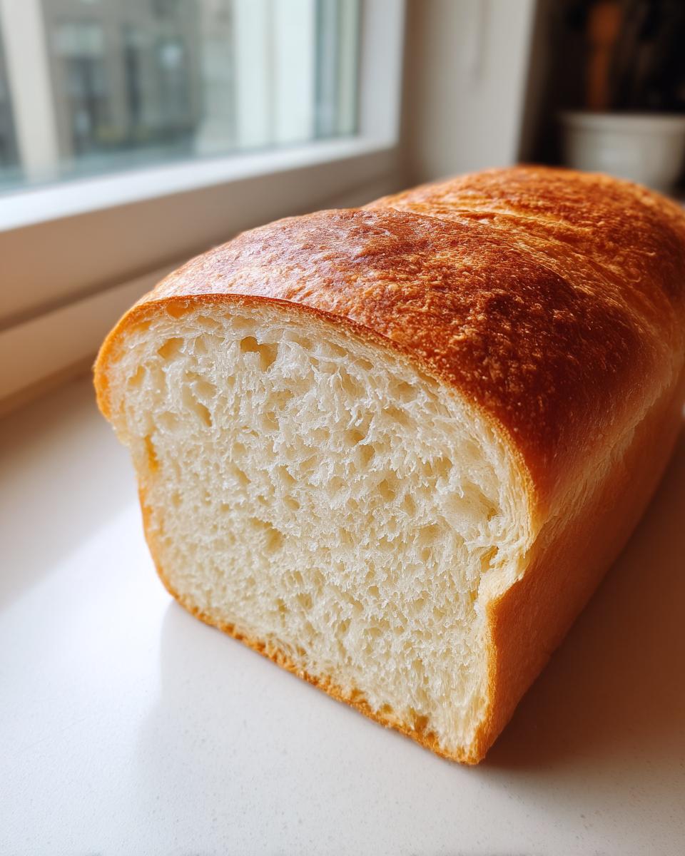 A close-up of a freshly baked loaf of Honey milk bread, showing its soft, white interior and golden-brown crust.
