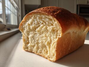A close-up of a freshly baked Honey milk bread loaf, showing its incredibly soft, fluffy interior texture.
