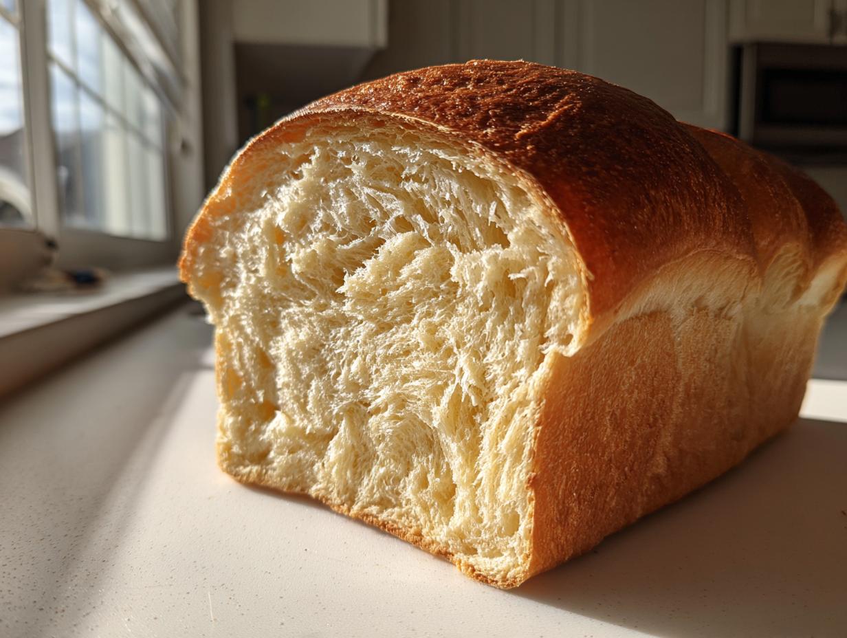 A close-up of a freshly baked Honey milk bread loaf, showing its incredibly soft, fluffy interior texture.