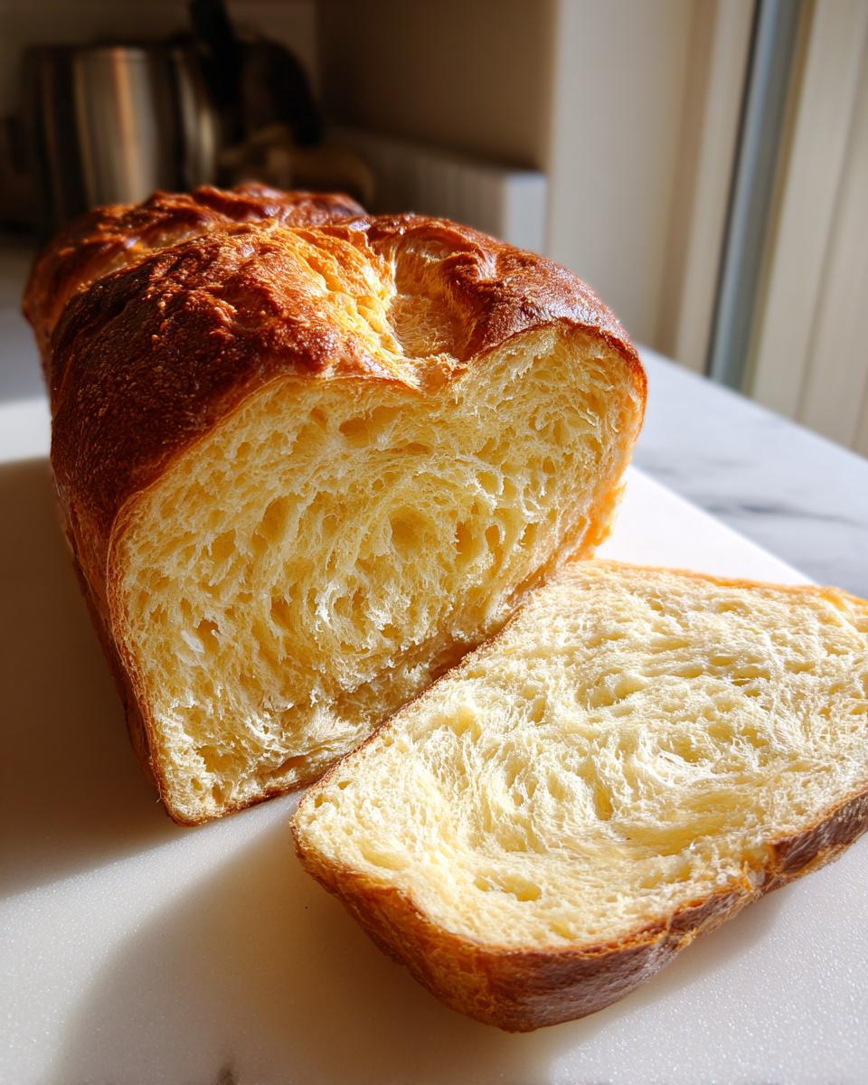 A loaf of golden-brown Honey Milk Bread sliced open, revealing its incredibly soft, yellow, and fluffy interior texture.