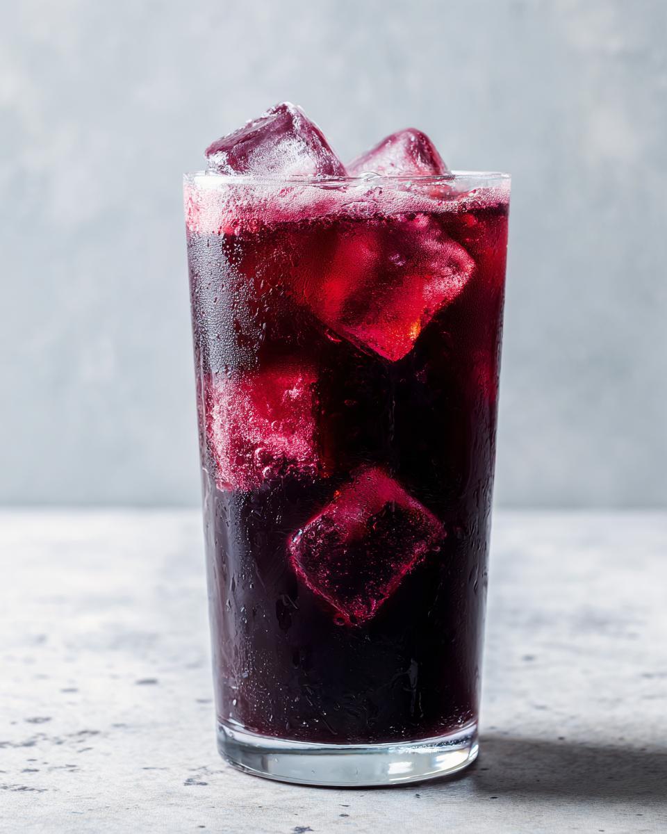 Close-up of a tall glass filled with deep purple iced Blackberry sage tea and large ice cubes.