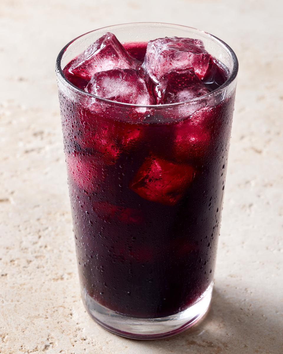 Close-up of a tall glass filled with deep purple Blackberry sage tea and large ice cubes, showing condensation on the glass.