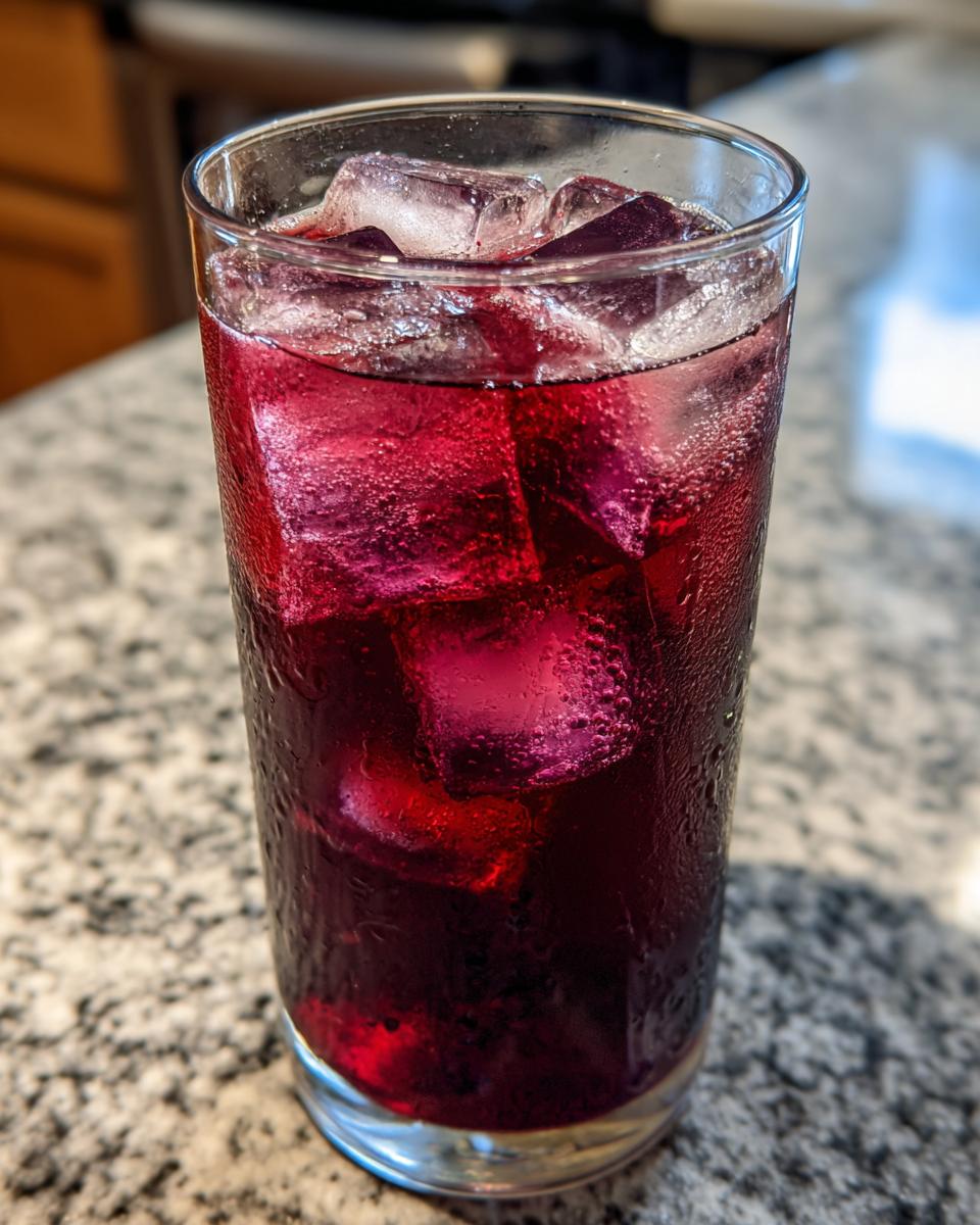 Close-up of a tall glass filled with vibrant, deep red Blackberry sage tea and ice cubes, showing condensation on the glass.