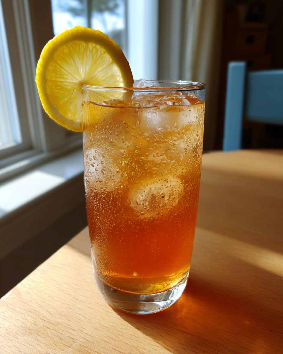 A tall glass of iced Lemon ginger herbal tea garnished with a fresh lemon slice, showing condensation on the glass.