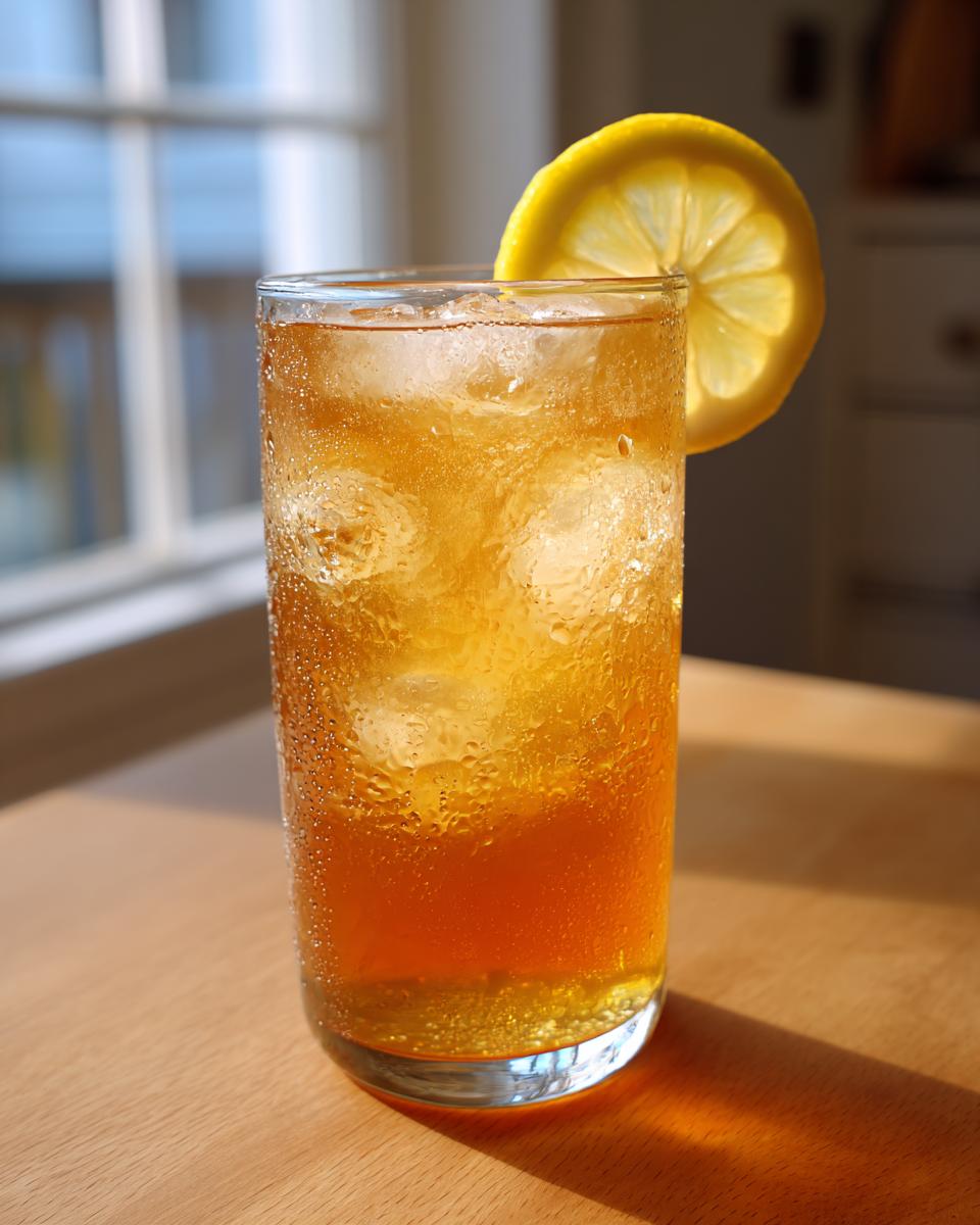 Tall glass of iced Lemon ginger herbal tea, sweating with condensation and garnished with a lemon slice.