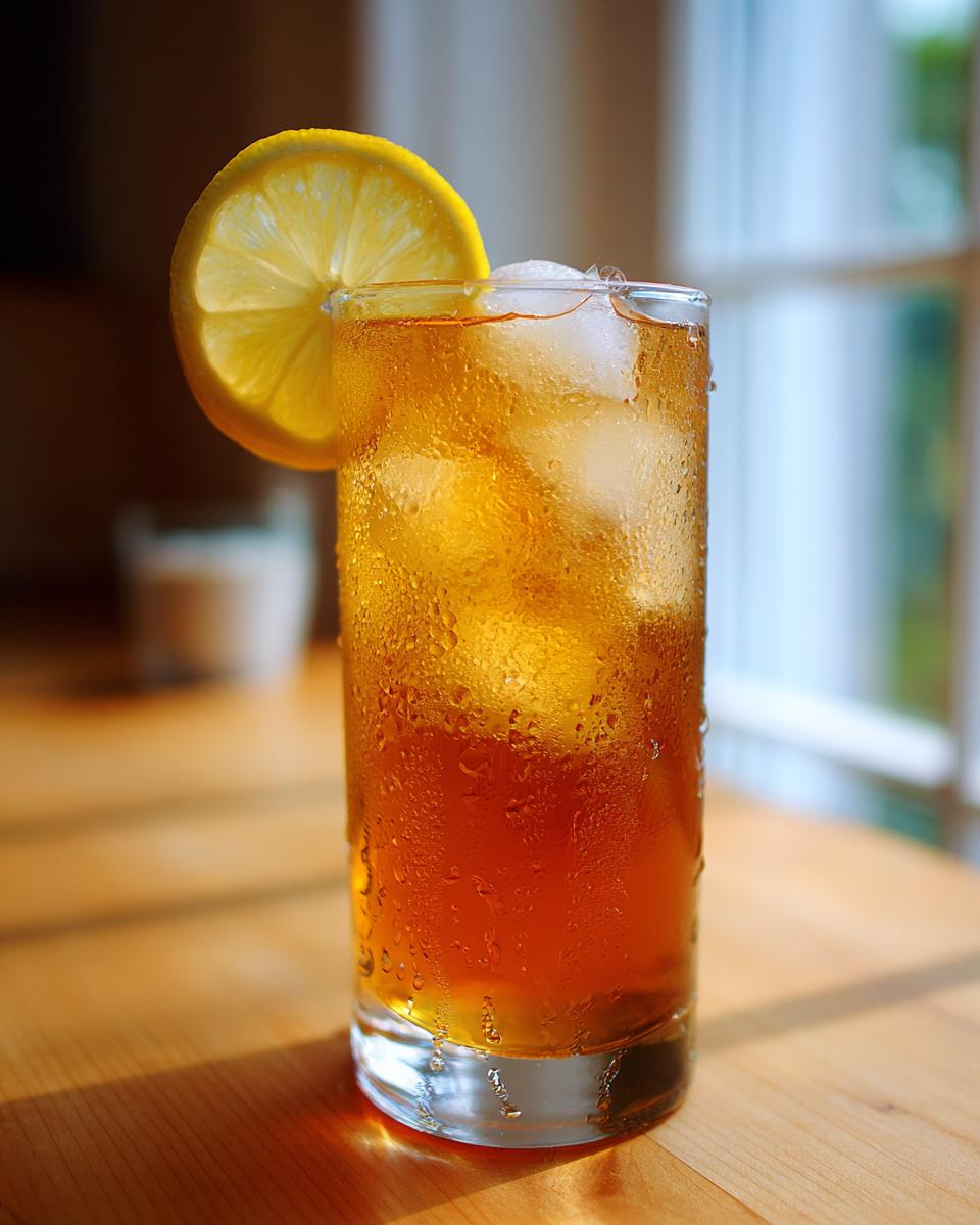 A tall, sweating glass filled with iced Lemon ginger herbal tea, garnished with a lemon slice.
