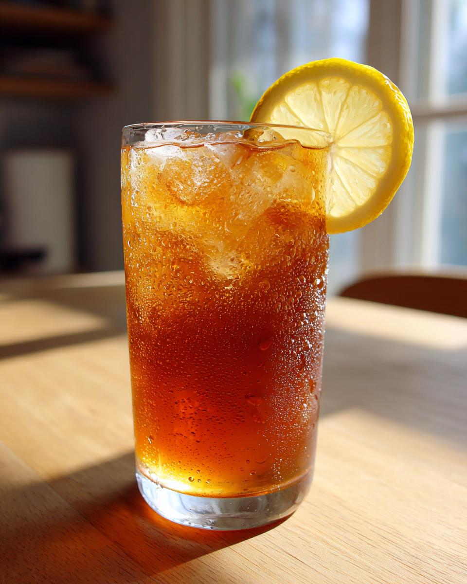 Tall glass filled with iced Lemon ginger herbal tea, showing condensation and garnished with a fresh lemon slice.