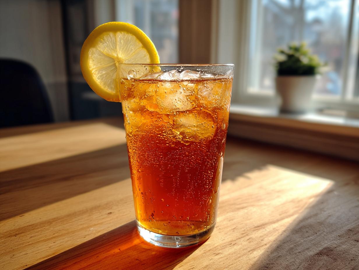 A tall glass of iced Lemon ginger herbal tea garnished with a lemon slice, sitting on a sunlit wooden table.