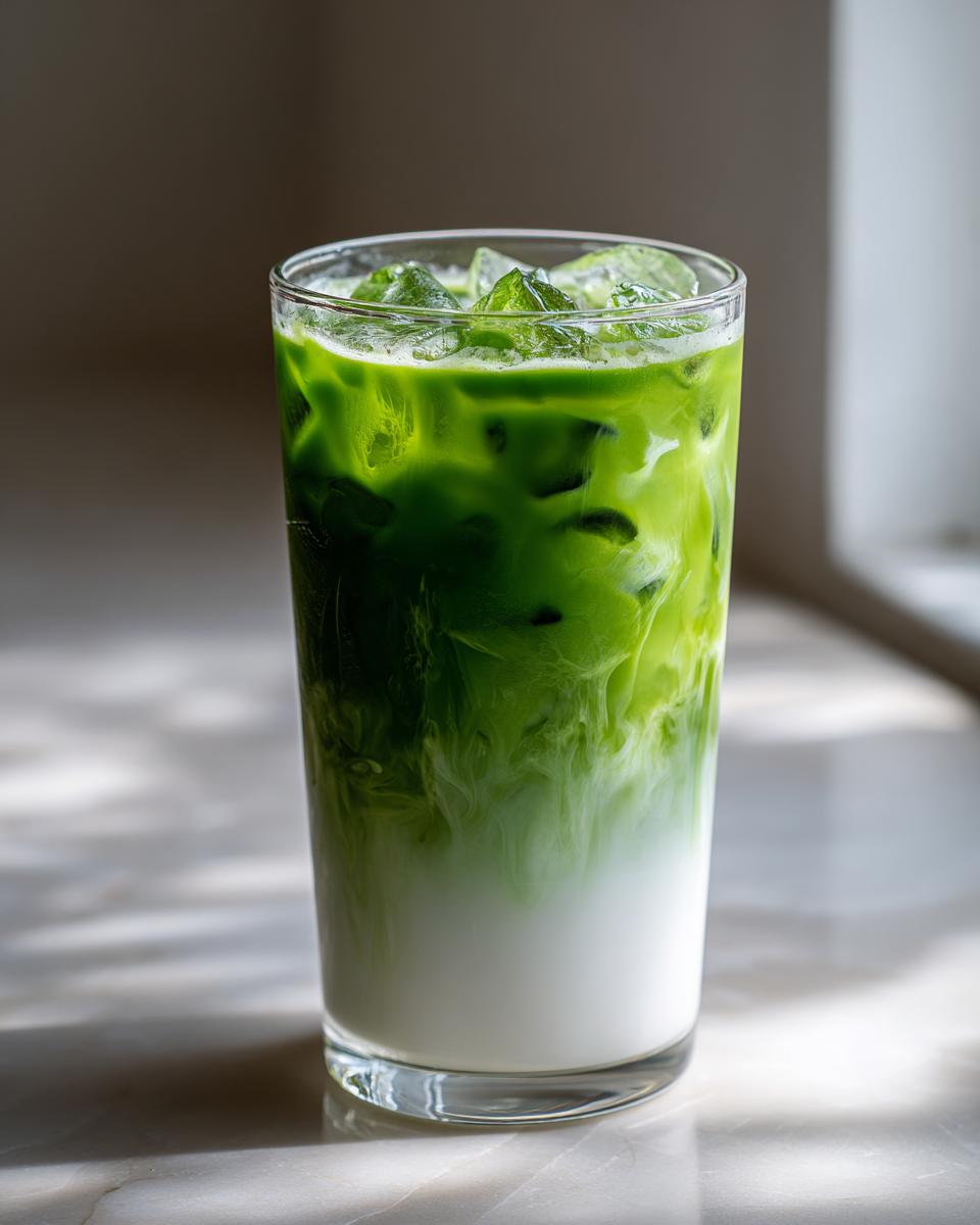 A tall glass of iced Matcha milk tea showing distinct layers of bright green matcha and white milk over ice cubes.