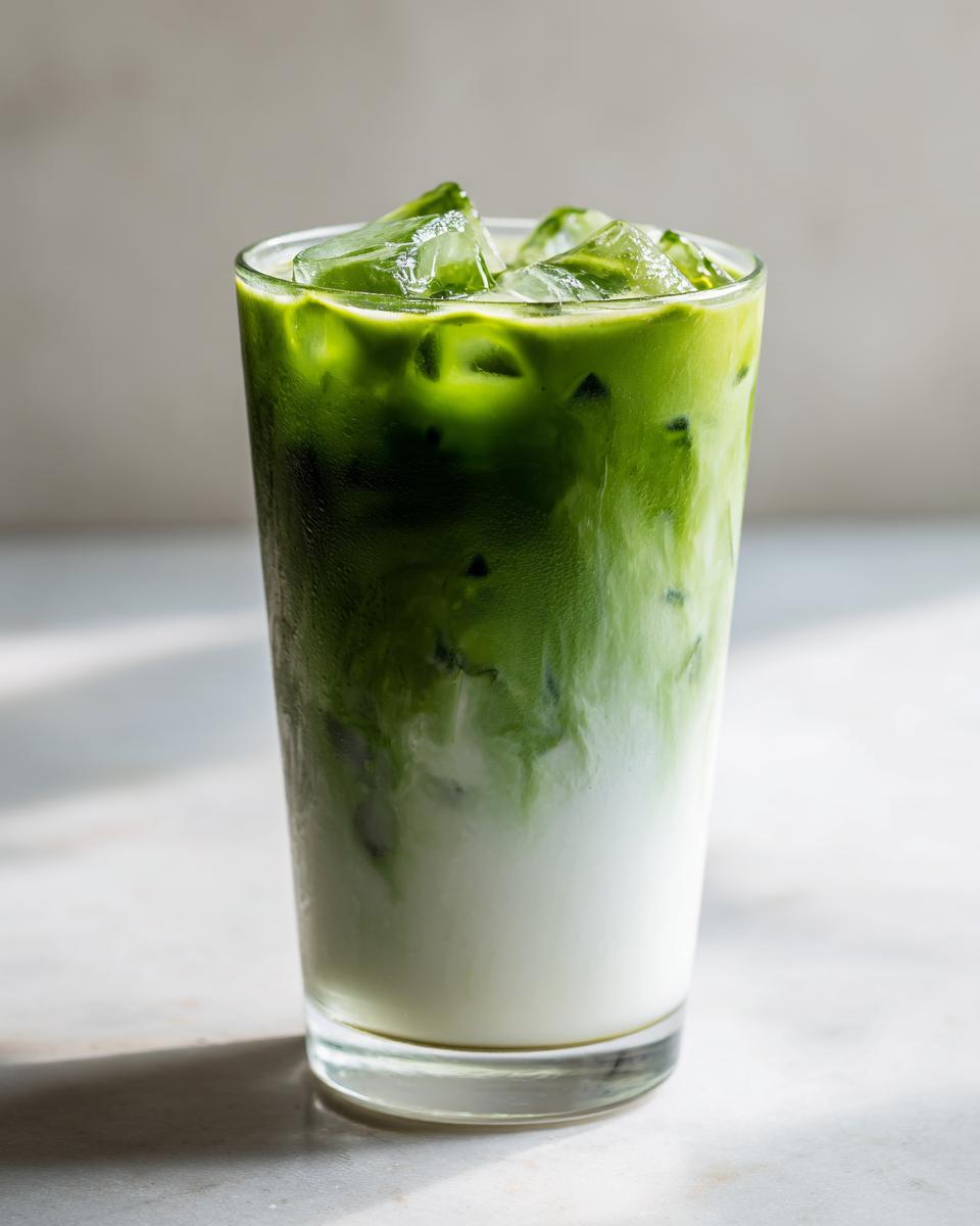 Close-up of a tall glass filled with iced Matcha milk tea, showing vibrant green matcha layered over white milk and ice cubes.