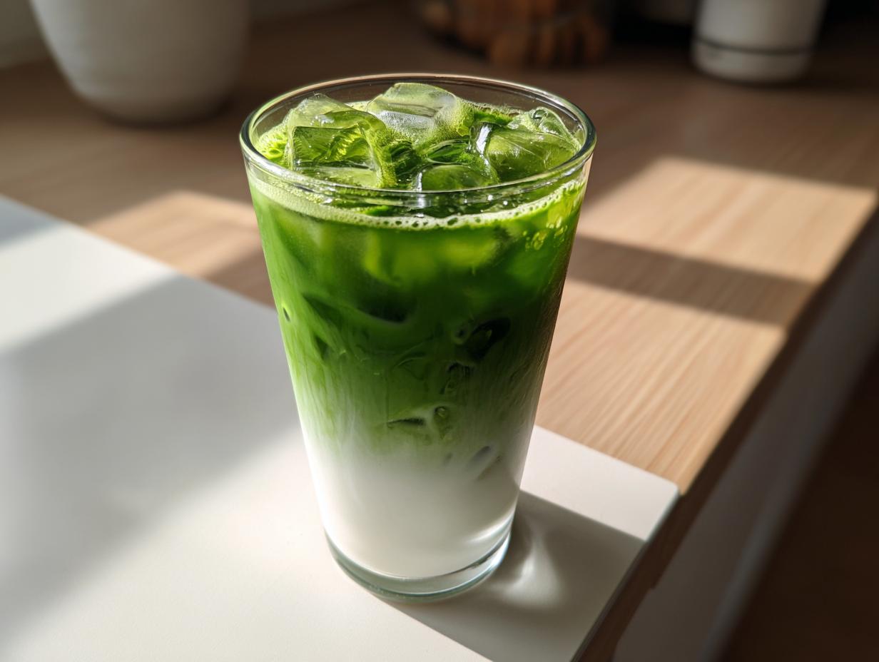 A tall glass of layered iced Matcha milk tea showing vibrant green matcha swirling into white milk over ice cubes.