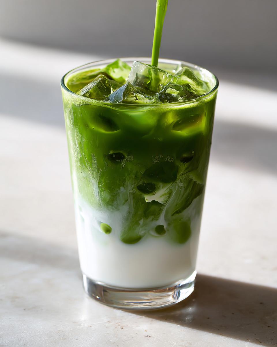 A close-up shot of bright green matcha being poured over ice cubes and white milk to create iced Matcha milk tea.