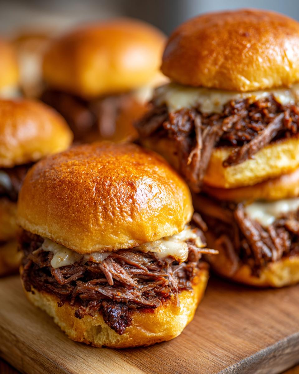 Close-up of a juicy Italian beef slider piled high with shredded beef and melted cheese on a brioche bun.