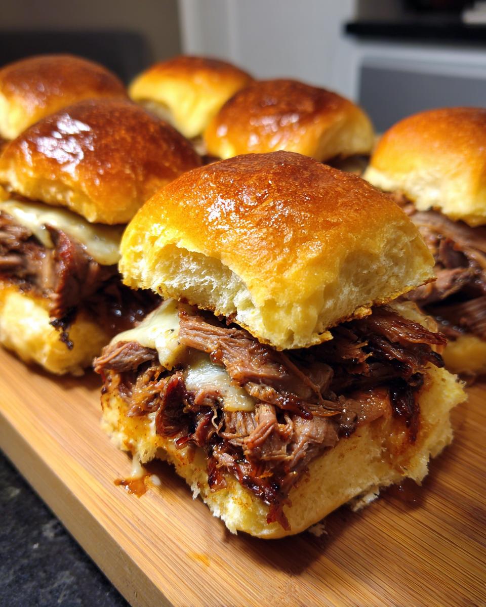 A close-up of a juicy Italian beef slider with melted cheese on a shiny, glazed bun, resting on a wooden cutting board.