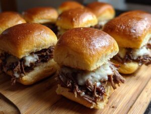 Close-up of a freshly made Italian beef slider featuring shredded beef and melted white cheese on a golden bun.