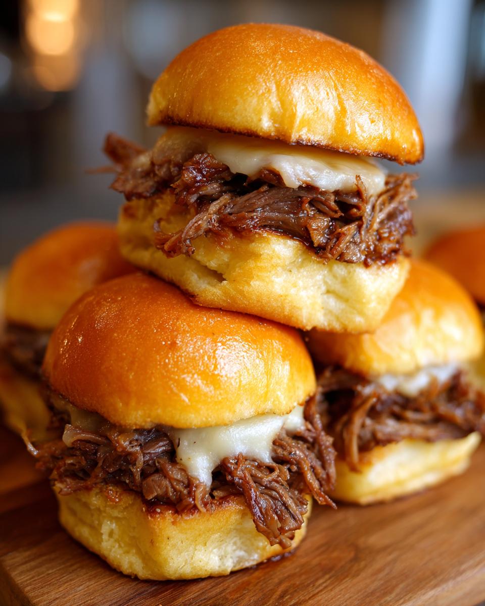 A stack of three glistening Italian beef slider sandwiches filled with shredded beef and melted white cheese on brioche buns.