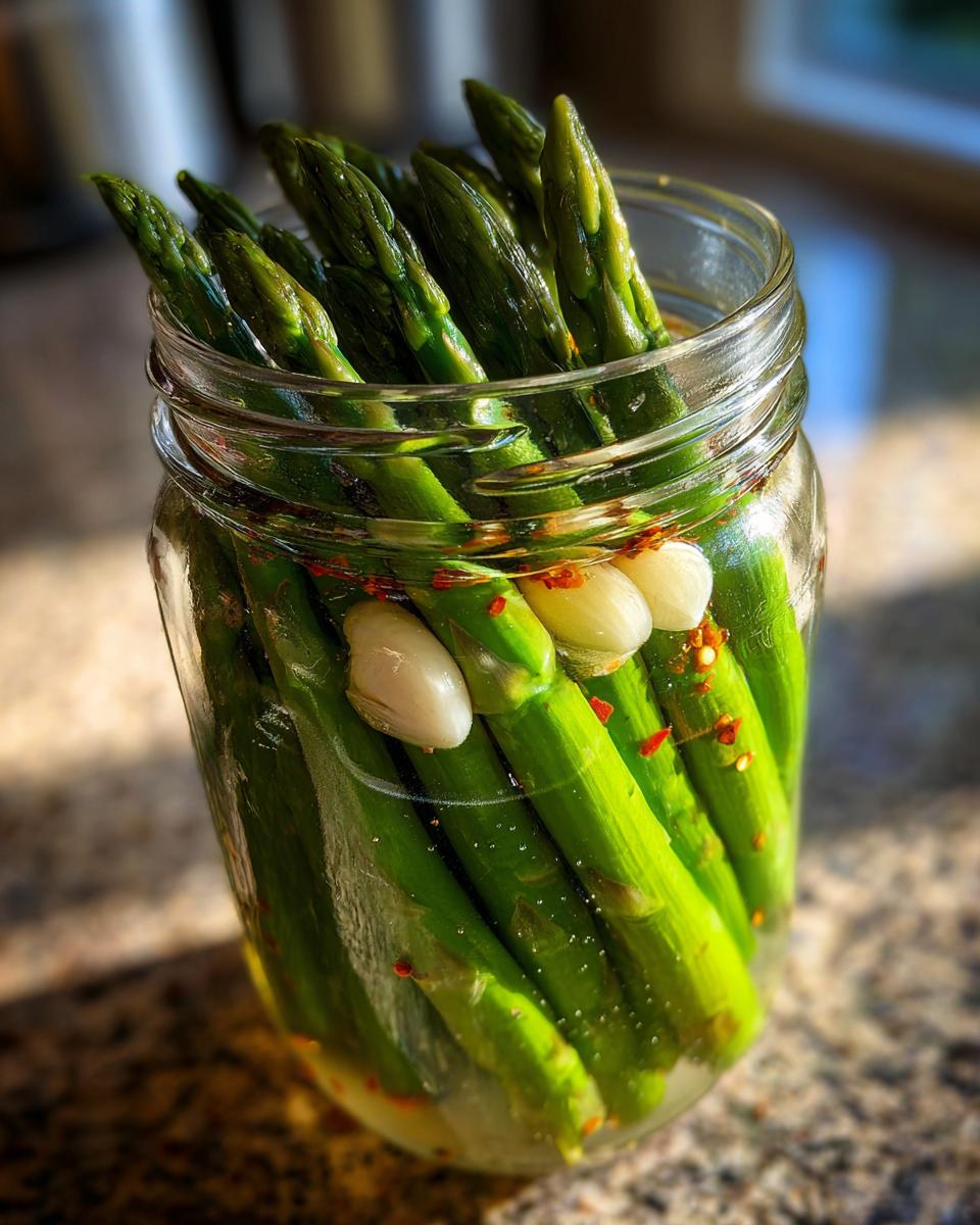 Close-up of bright green pickled asparagus spears packed tightly in a glass jar with garlic cloves and red pepper flakes.