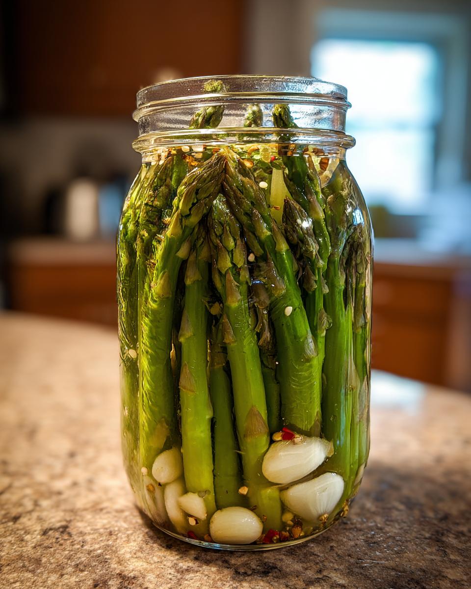 A glass jar filled with bright green pickled asparagus spears, garlic cloves, and chili flakes.