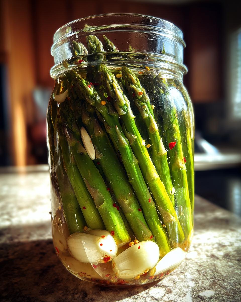 Close-up of bright green pickled asparagus spears packed tightly in a glass jar with garlic cloves and red pepper flakes.