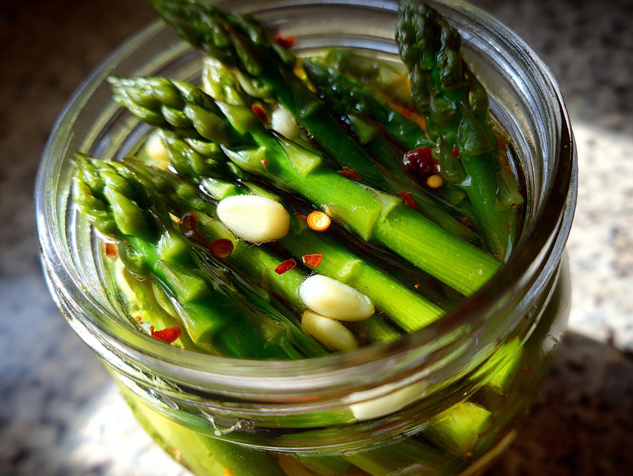 Close-up of bright green pickled asparagus spears packed tightly in a glass jar with garlic cloves and red pepper flakes.