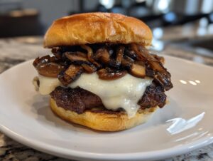 A close-up of a juicy Mushroom Swiss burger featuring a beef patty, melted white Swiss cheese, and caramelized mushrooms on a toasted bun.