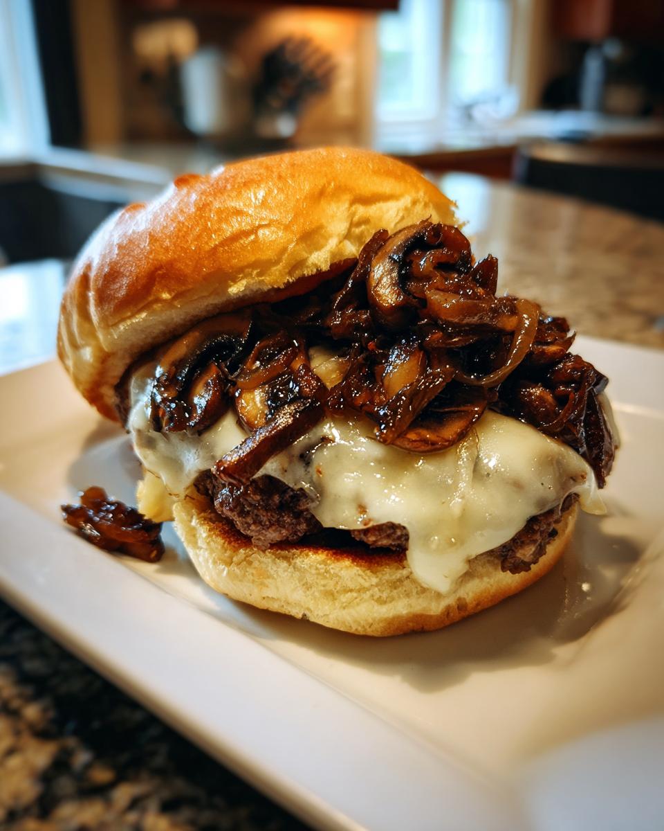 A close-up of a juicy Mushroom Swiss burger featuring melted Swiss cheese and a generous topping of caramelized mushrooms and onions.