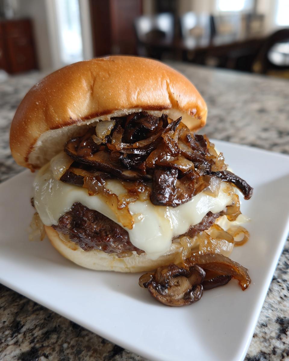 A close-up of a juicy Mushroom Swiss burger stacked high with melted Swiss cheese, sautéed mushrooms, and caramelized onions on a brioche bun.