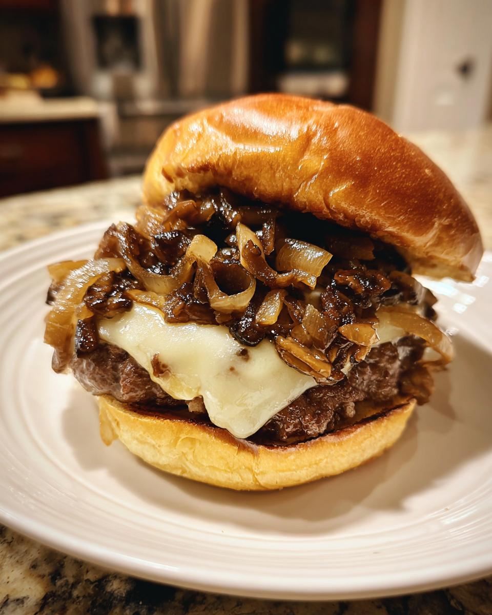 Close-up of a juicy Mushroom Swiss burger topped with melted Swiss cheese and caramelized onions on a brioche bun.