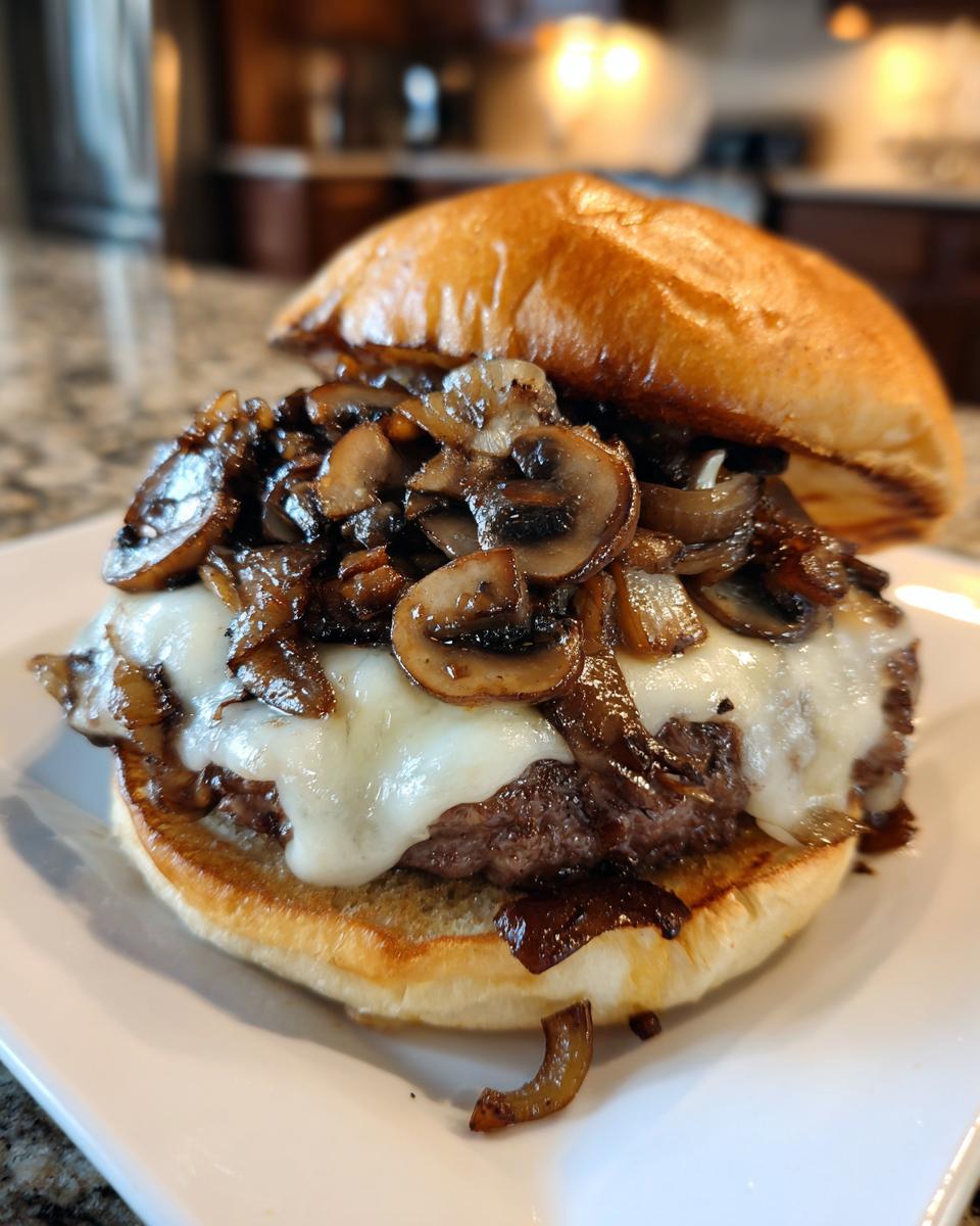 A close-up of a juicy Mushroom Swiss burger topped generously with melted Swiss cheese and caramelized mushrooms on a brioche bun.