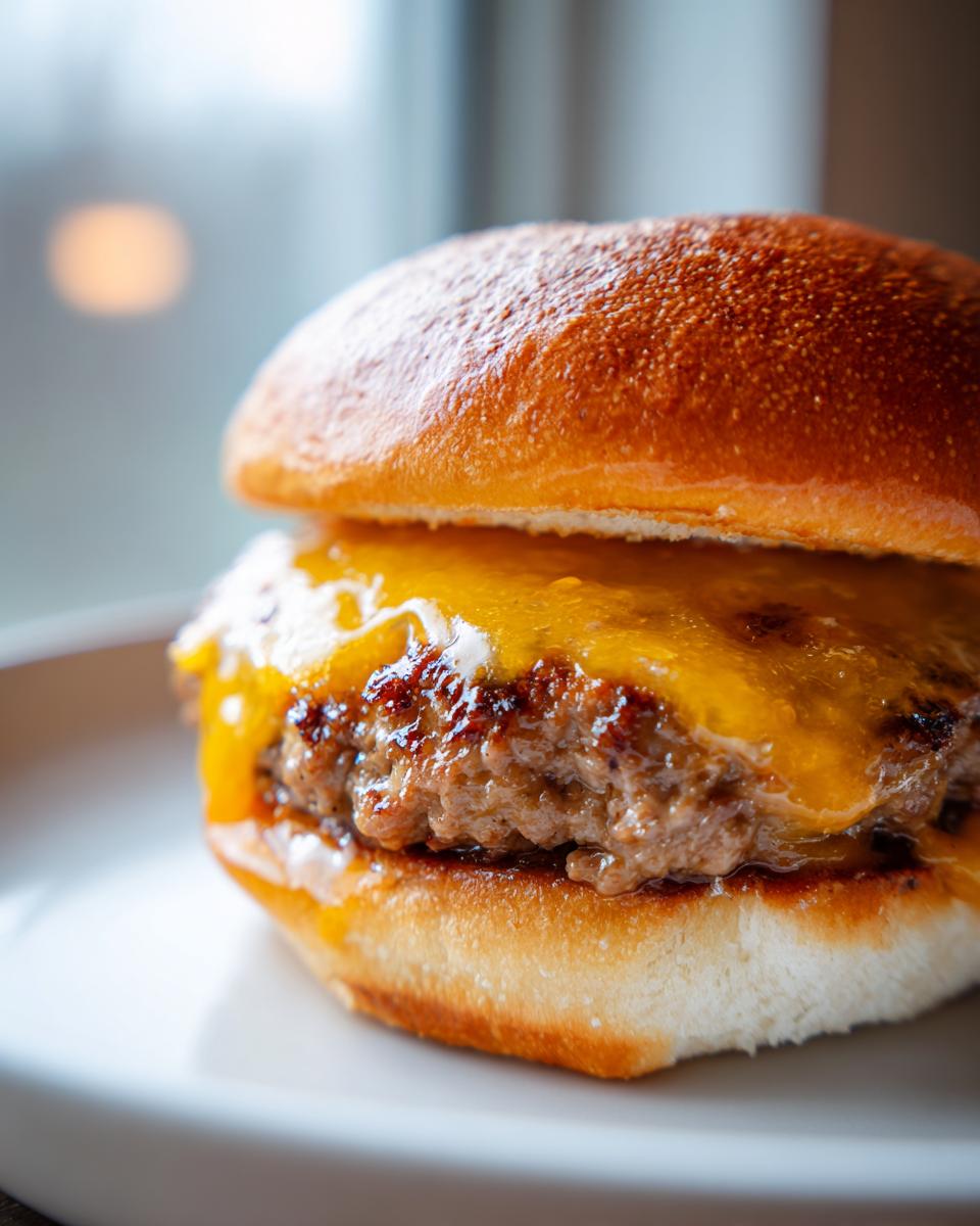 Close-up of a perfectly cooked Wagyu beef burger patty topped with melted orange cheese on a toasted brioche bun.