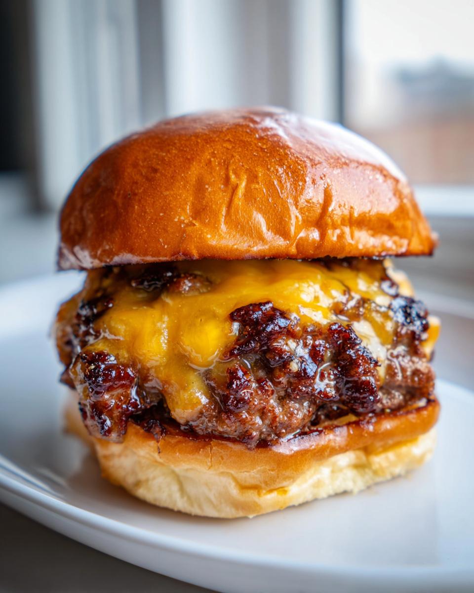 Close-up of a juicy Wagyu beef burger patty topped with melted cheddar cheese on a toasted brioche bun.