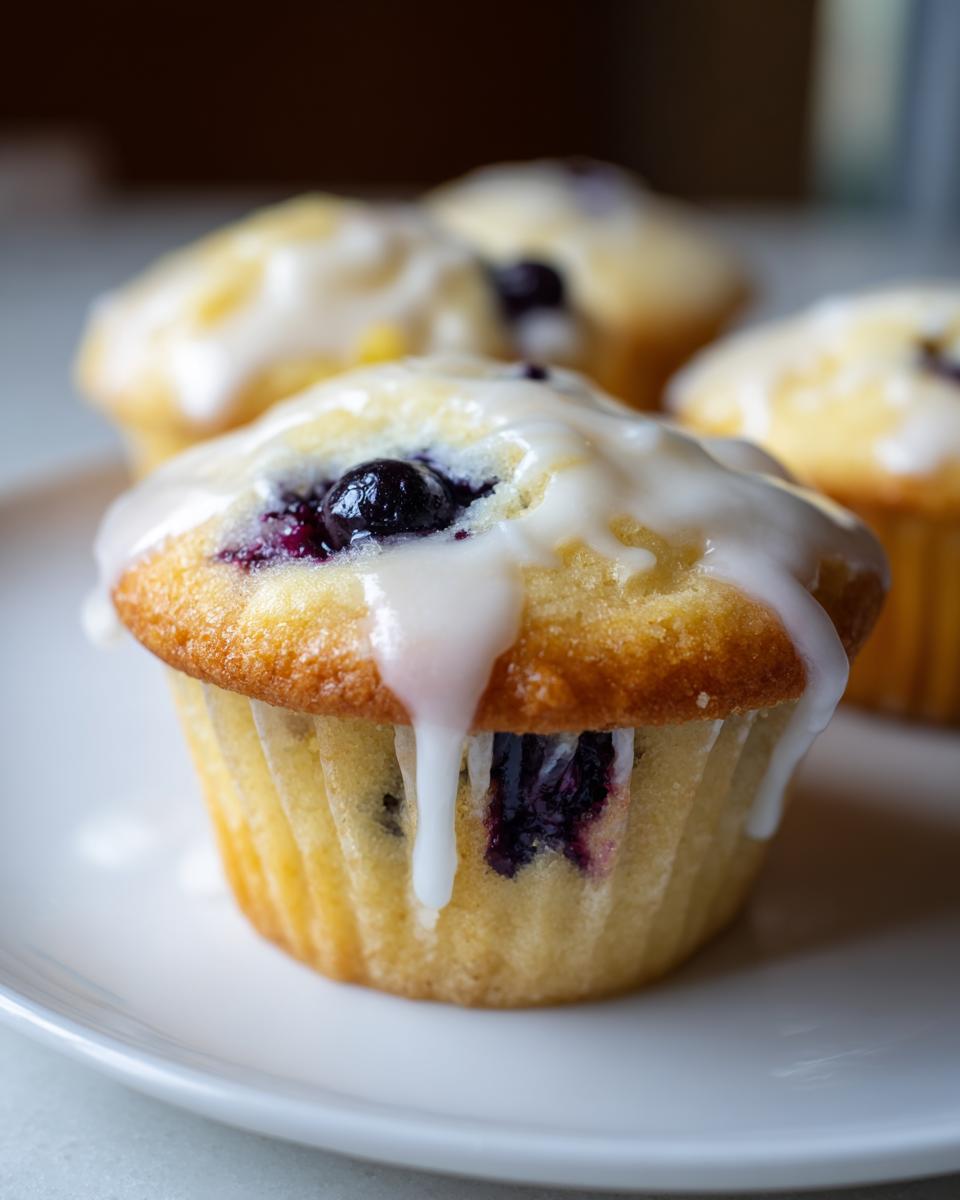 A close-up of a moist Lemon blueberry cupcake topped with a thick white glaze and fresh blueberries.