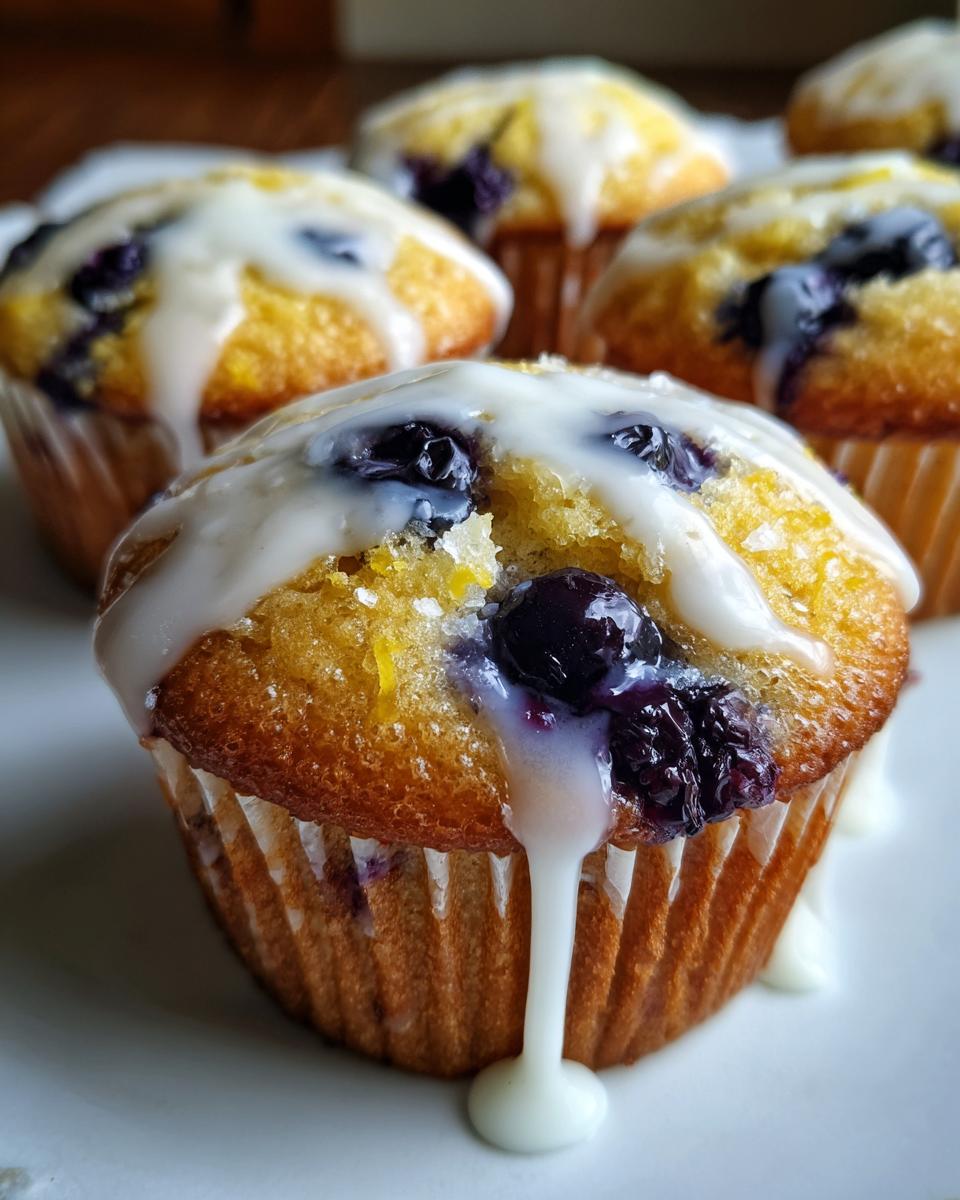 A close-up of a moist Lemon blueberry cupcake topped with a thick white glaze and bursting blueberries.