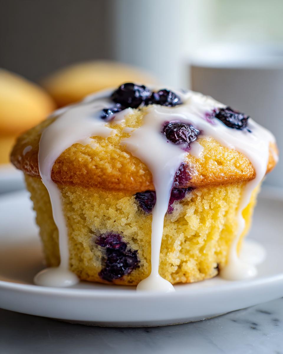 A moist Lemon blueberry cupcake topped with a thick white glaze and fresh blueberries.
