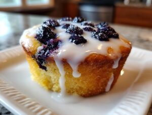 Close-up of a single, moist Lemon blueberry cupcake topped with a thick white glaze and fresh blueberries.