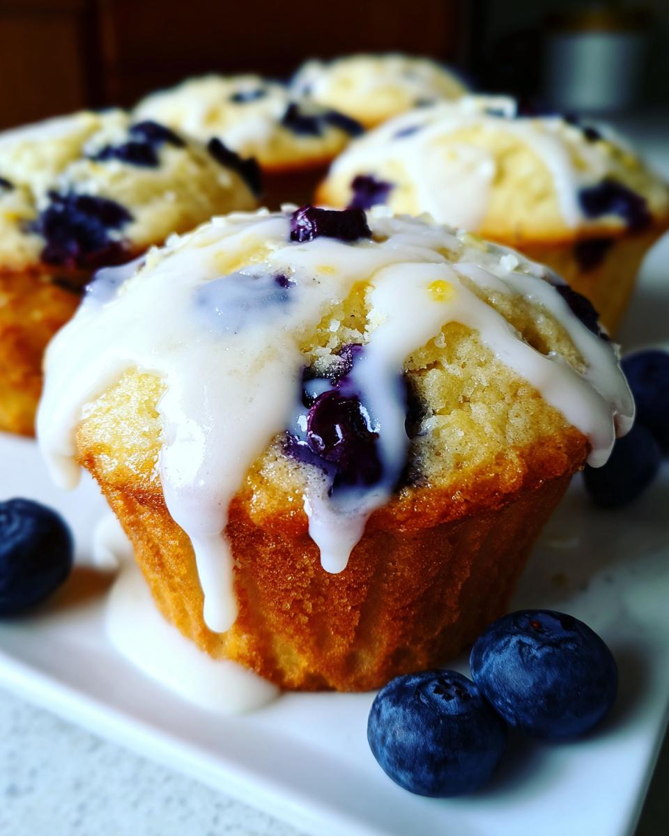 A close-up of a freshly baked Lemon blueberry cupcake topped with thick white glaze and fresh blueberries scattered around.