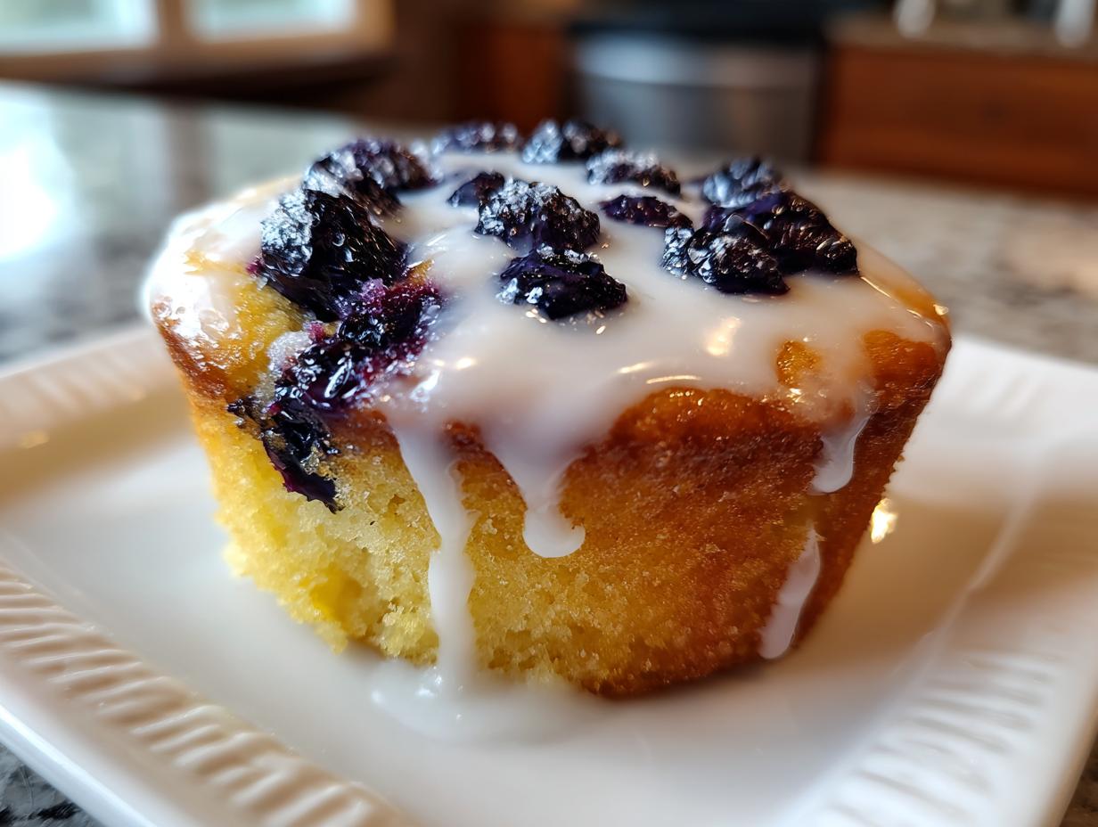 Close-up of a single, moist Lemon blueberry cupcake topped with a thick white glaze and fresh blueberries.