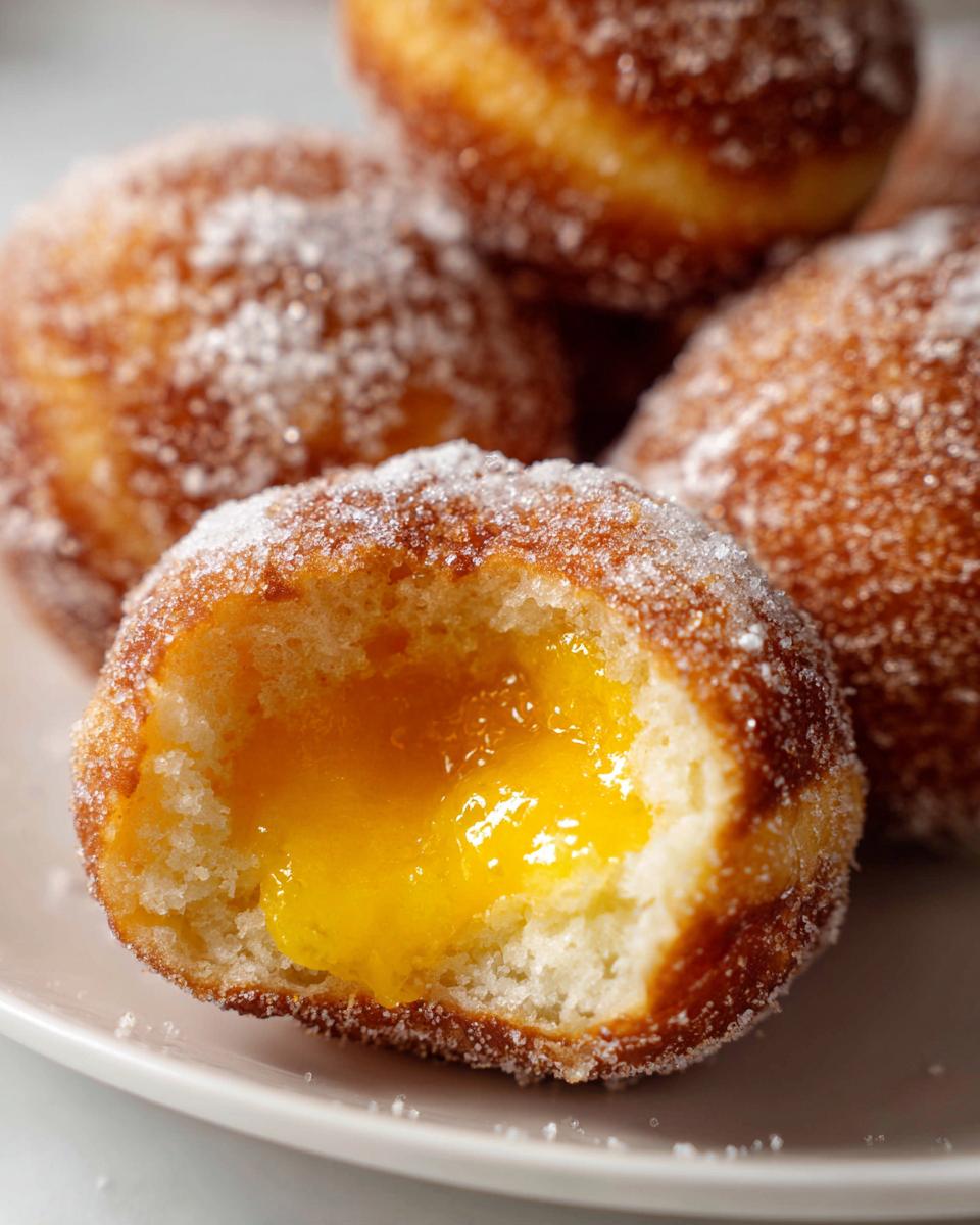 A close-up view of a sugar-coated donut broken open to reveal bright yellow lemon curd filled donut center.