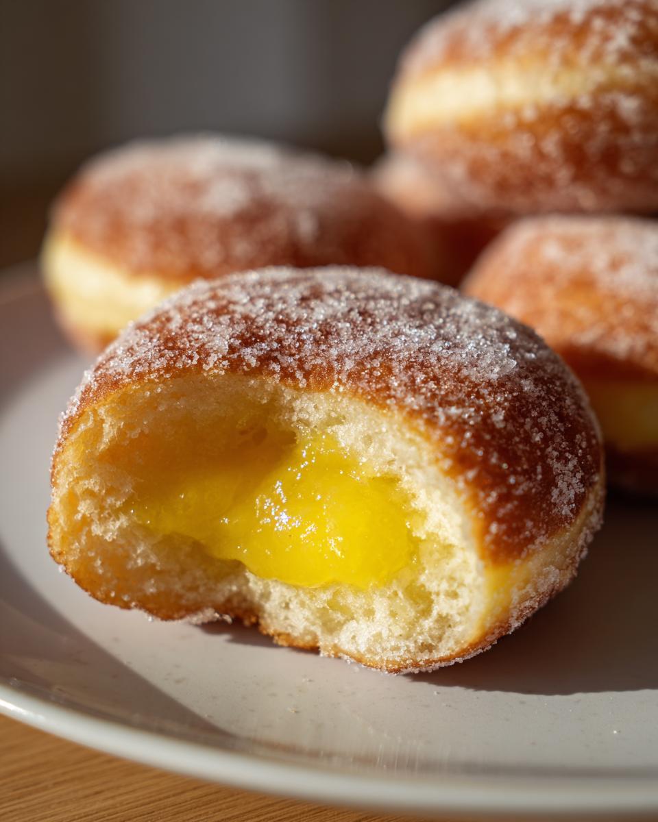 A bite taken out of a sugar-coated donut revealing bright yellow lemon curd filled donut center.