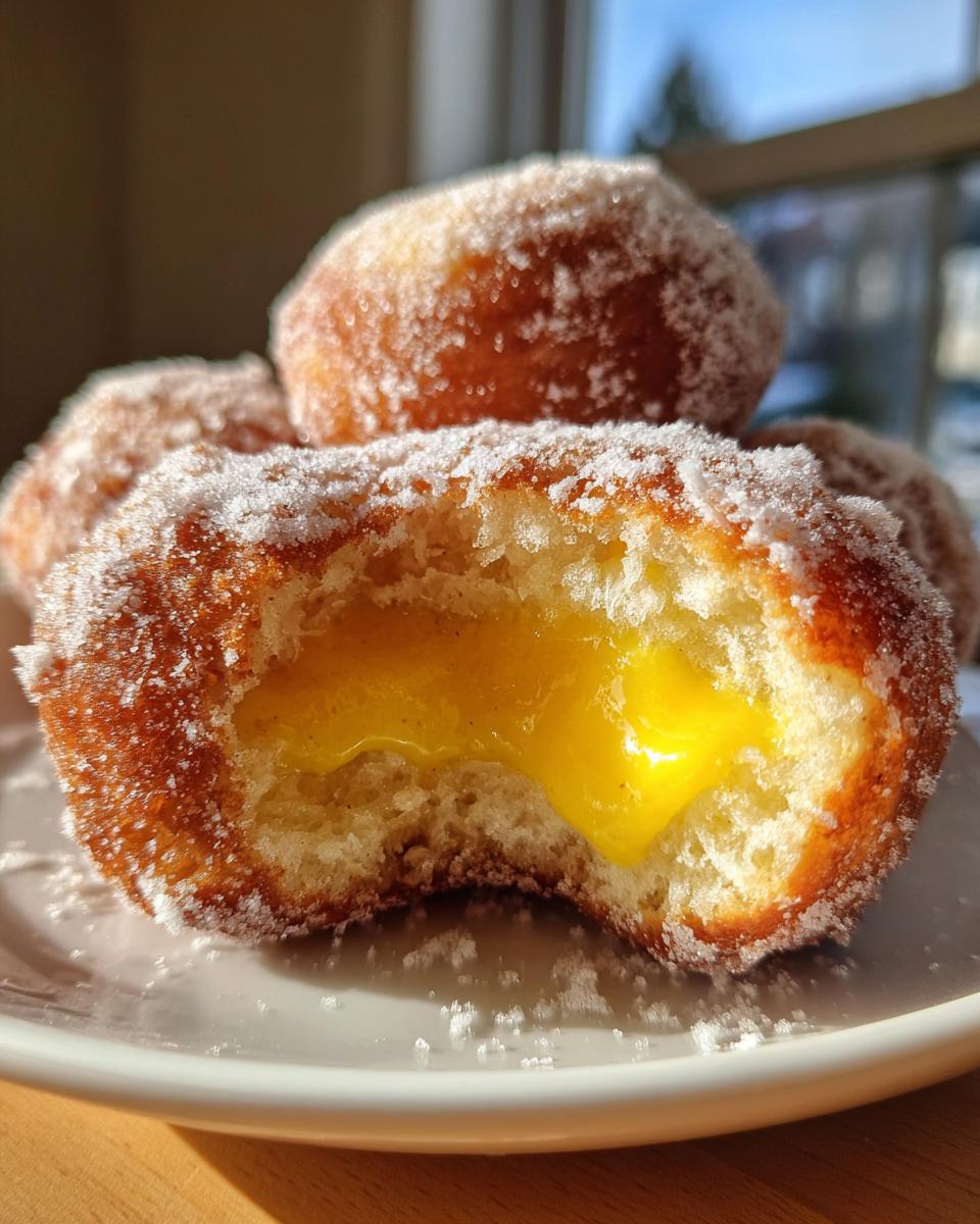 A close-up shot of a sugar-coated donut cut in half, revealing a rich, bright yellow lemon curd filled donut center.