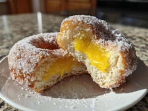 A sugar-coated donut cut in half, revealing bright yellow lemon curd filled donut center on a white plate.
